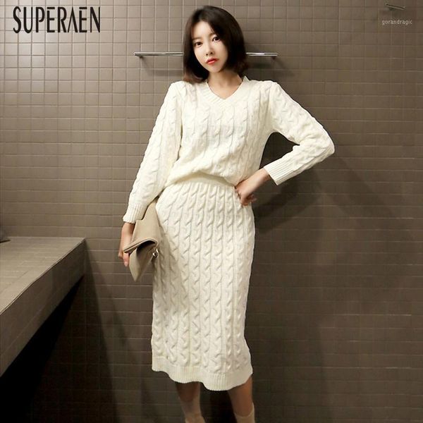 

superaen new knitted women's sets spring 2019 v-neck long sleeve women pullovers sweater fashion casual skirt two-piece women1, White