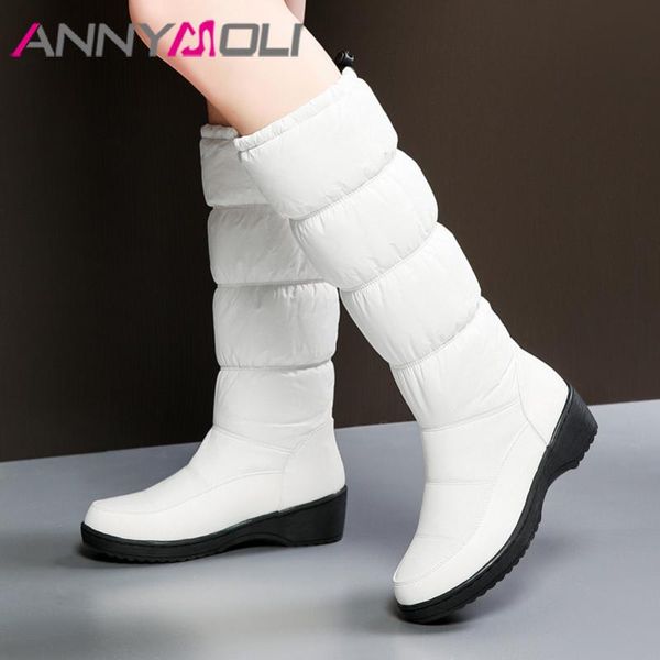 

annymoli mid calf boots woman med heel snow boots platform thick heel round toe ladies shoes warm winter beige big size 44, Black