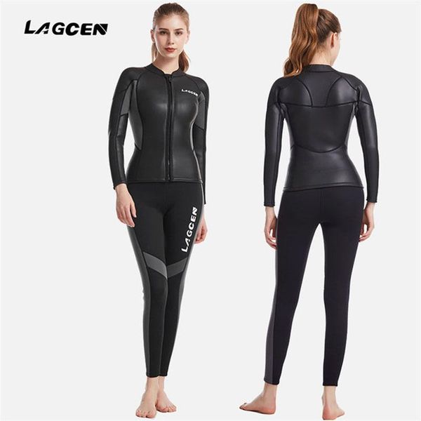

lagcen 2.5mm neoprene leather wetsuit women long sleeve scuba diving suit female surfing snorkeling 2 pieces set winter swimsuit