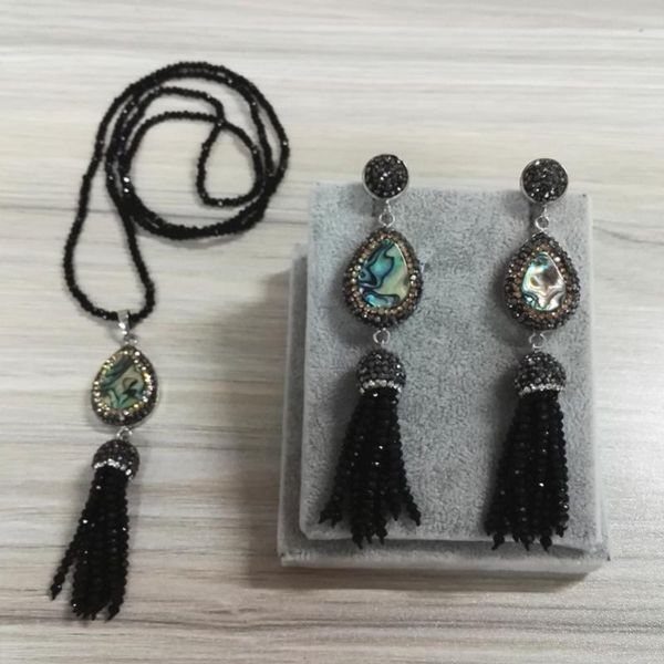 

boho waterdrop blue shell charm black bead tassel dangle earring tiny chic tidy tassels pendant necklace jewelry set for women, Silver