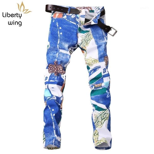 

autumn winter new european fashion white print mens jeans straight brand male long pants denim casual trousers big size1, Blue