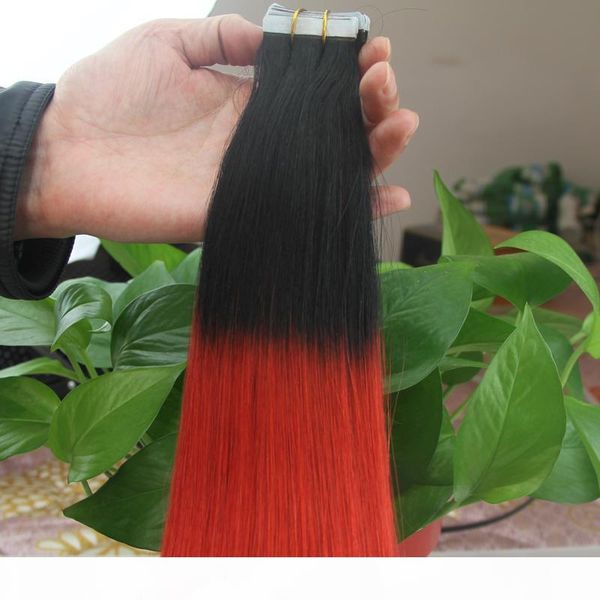 

tape in human hair extensions ombre t1b red 40pcs 100g double drawn adhesive hair skin weft, Black