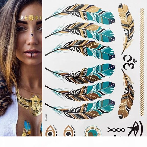 

1 sheet flash boho metallic gold feathers shimmering jewellery festival temporary tattoo