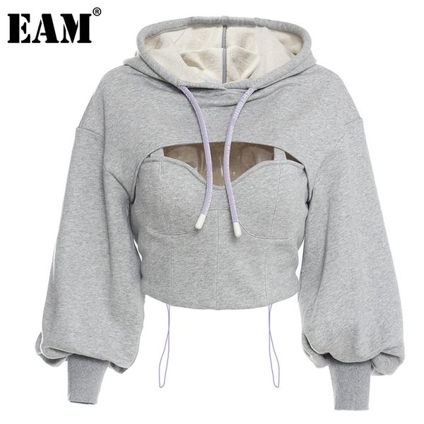 

[eam] loose fit gray hollow out drawstring sweatshirt new hooded long sleeve women big size fashion spring autumn 1dd0023 201106, Black