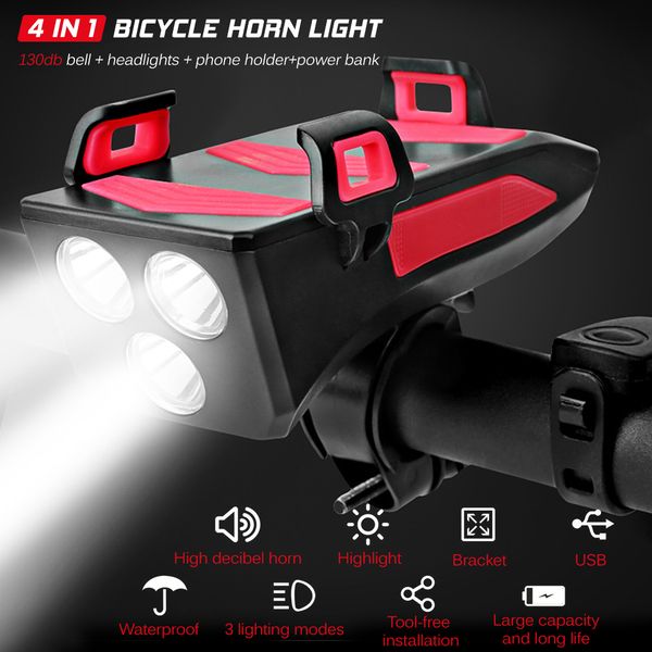 

4-in-1 multifunctional light bicycle lamp with mobile bracket 250 lumens flashlight bike horn phone holder