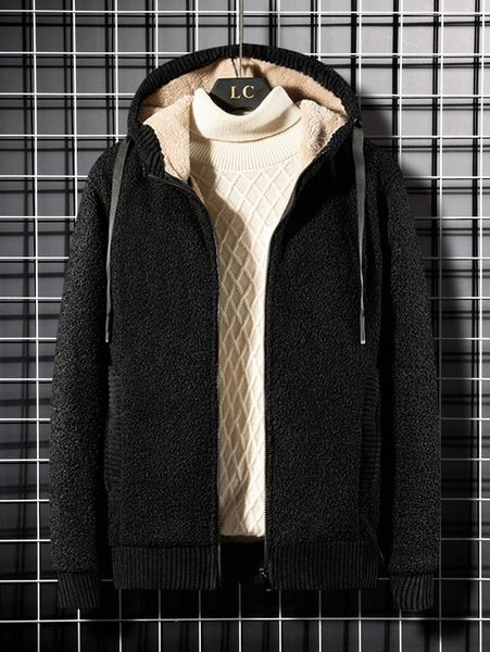 

men drawstring teddy lined fleece hooded jacket without sweater a35n#, Black;brown