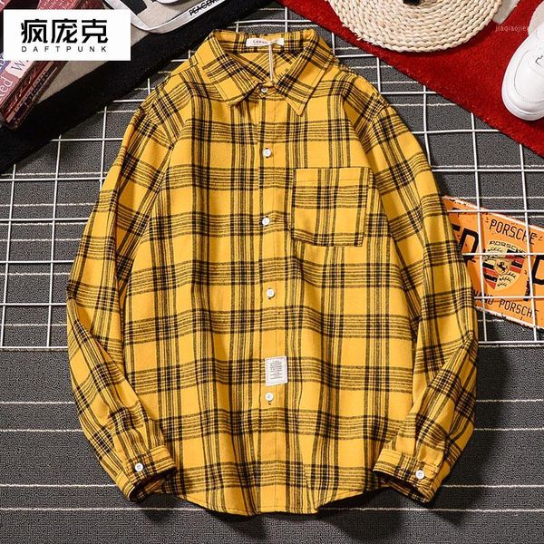 

large size korean plaid men shirt yellow casual button shirt men loose blusa masculino retro mens clothing spring autumn bb60ncs1, White;black