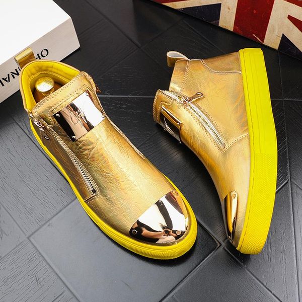 

designer sneakers men gold metal head hip-hop high punk men casual shoes height increasing ankle boots zapatillas hombre, Black