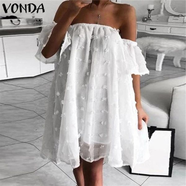 

off shoulder dress 2020 summer bohemian sundress vonda casual loose lace beach mini dresses plus size party vestidos y0118, Black;gray