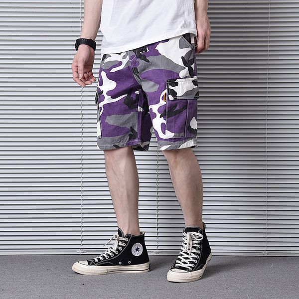 

2021 new moda vero curtas homens solto ajuste cinza roxo camuflagem carga hombre multi bolsos hip shorts casuais nyt8, White;black