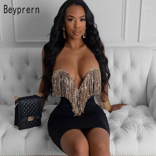 

beyprern sparkle diamante tassel fringe bandage dress off the shoulder strapless bodycon sequins celebrities party dress1, Black;gray