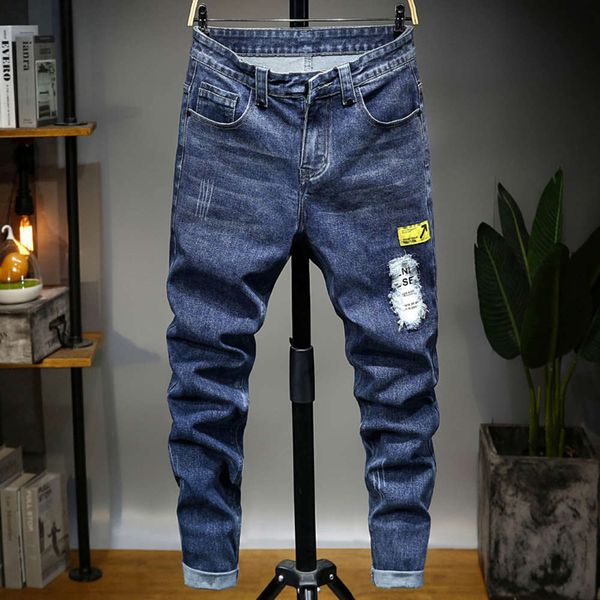 

autumn and winter new men's elastic loose hole sticking cloth pretty boy fashion versatile denim pants, Blue
