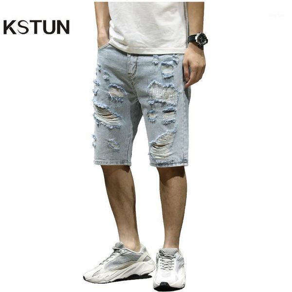 

kstun mens ripped short jeans light blue distressed hollow out brand clothing cotton shorts men breathable denim shorts male 381