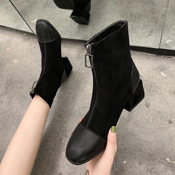 

zipper round toe brand women's shoes white mid-calf boots booties ladies winter footwear low heels booties boots-women1, Black