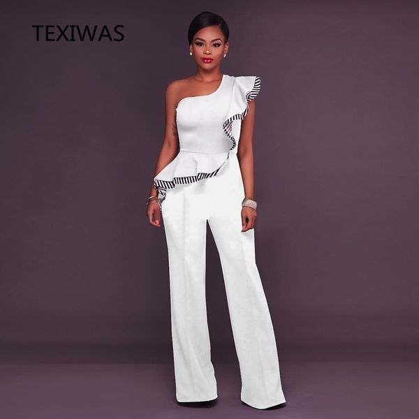 

texiwas summer vacation boho high shirred wide leg cami palazzo women jumpsuit ruffle elegant overall one shoulder jumpsuit y200422, Black;white