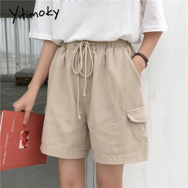 

khaki shorts women plus size 5xl cotton casual solid pockets drawstring high waist shorts summer black short street style y200512, White;black