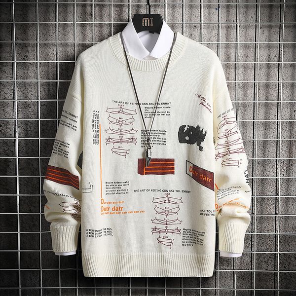 

2021 new mens autumn winter sweaters trendy doodle pattern men casual harajuku style wool knitted male sweater round neck 6k6o, White;black