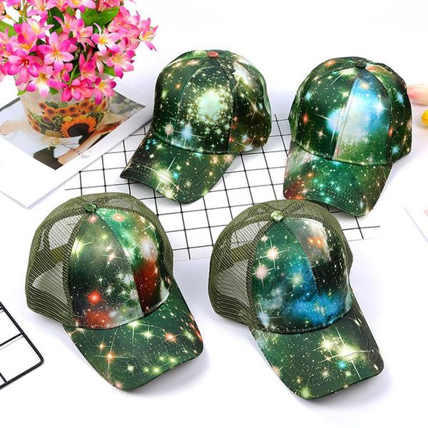 

factory outlet starry sky printing baseball cap wholesale summer sun hat snapback hip hop caps ponytail mesh cap blinking star wmtcmi, Black;white