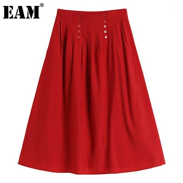

eam] high waist red pleated stittch temperament big hem half-body skirt women fashion tide new spring autumn 2020 1dc4011, Black