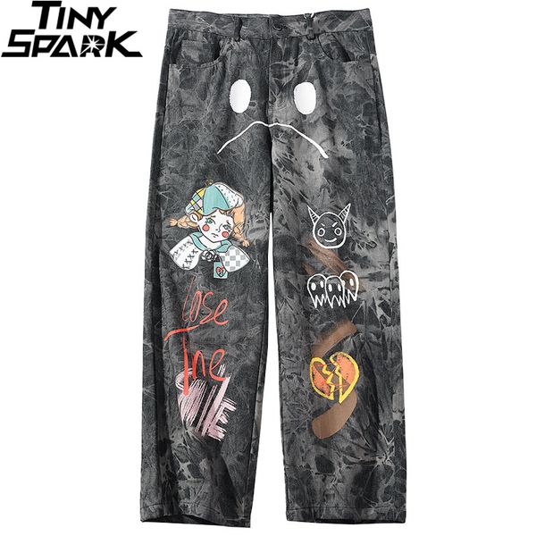 

2020 hip hip pants streetwear men loose denim pants graffiti print black vintage denim pants harajuku joggers trousers cotton