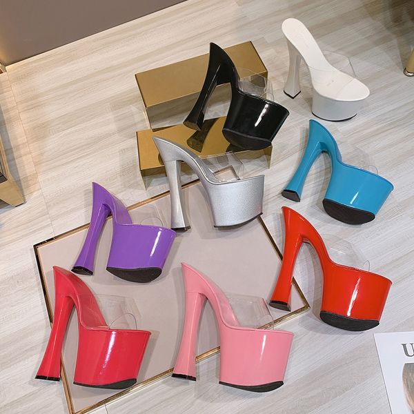 

2021 female transparent five inches high seven sandals slides weird heels purple slippers size ketx, Black