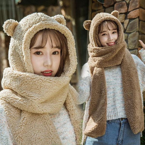 2020 фьюжн зима Женщины Новизна шапки Warm Cute Bear уха Hat Повседневная Плюшевые Hat шарф перчатки Set Casual Solid Caps руно Женщины