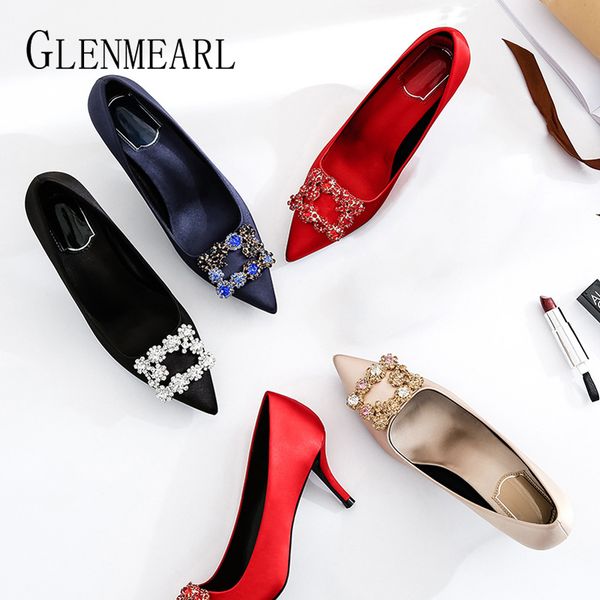 

luxury women wedding shoes high heels rhinestone slik woman pumps pointed toe party shoes thin heels spring autumn new arrival y200702, Black