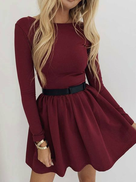 

womens ladies long sleeves round neck baggy swing flared mini dress autumn winter casual kg-390, Black;gray
