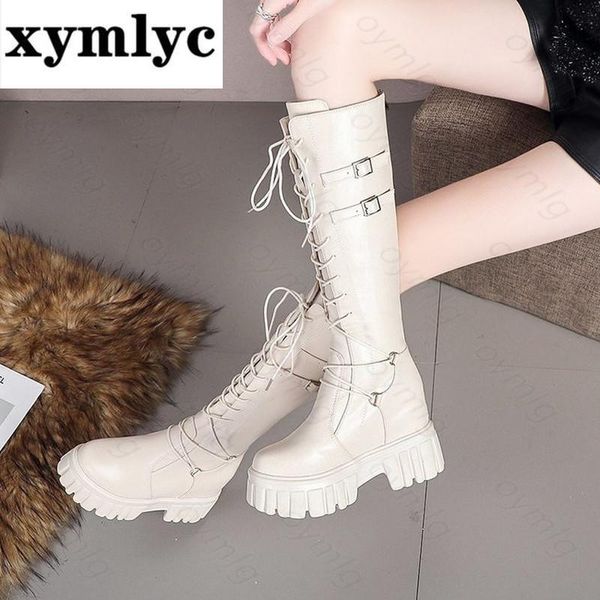

boots 2021 autumn women chunky platform knee high fashion pu long woman thick sole lace up shoes womens, Black