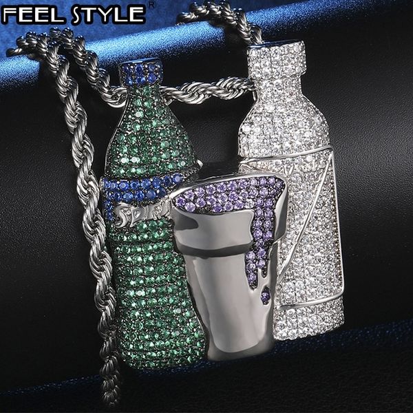 

multicolor cubic zircon iced out shiny wine bottle purple green gold cup combo pendant & necklace for men hip hop jewelry 201013, Silver