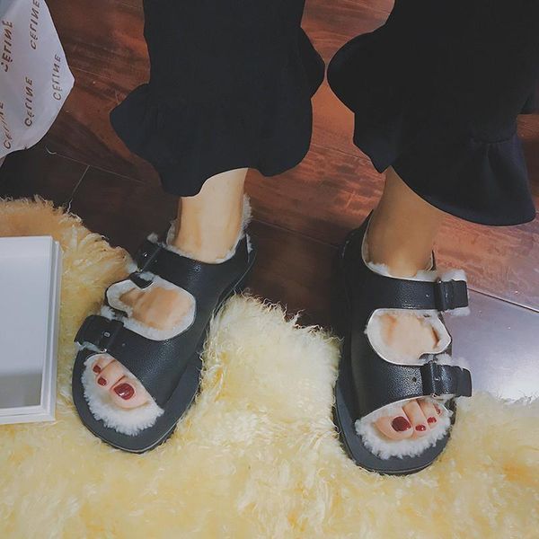 

sandals woman 2021 fluffy furry shoes soft comfortable buckle metal decor outdoor casual zapatos de mujer, Black