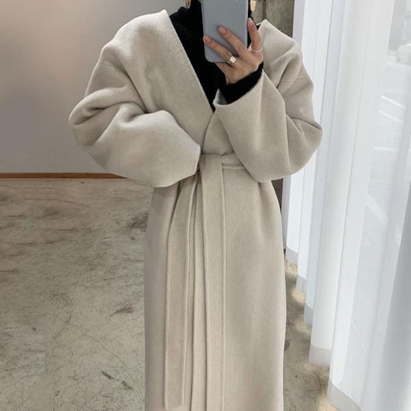 

women's wool & blends [ewq]2021 winter over knee style casual long-sleeved solid color straight minimalist double face woolen overcoat, Black
