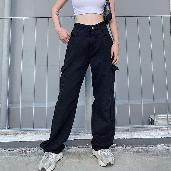 

women solid color trousers spring autumn adults casual style straight leg pants high waist street plus size cargo pant, Black;white
