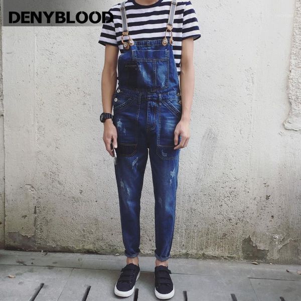 

denyblood jeans mens denim overalls distressed jeans ripped destroyed patchwork bib pants jumpsuit for man casual pants 81011, Blue