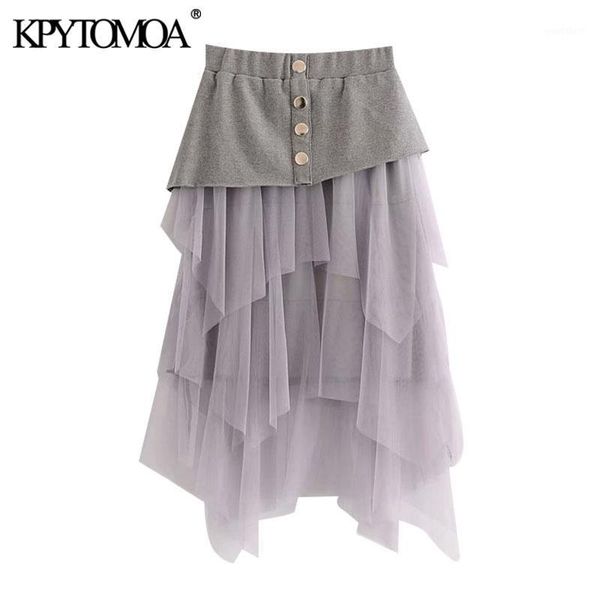 

kpytomoa women 2020 chic fashion tulle patchwork asymmetrical midi skirt vintage high elastic waist with lining female skirts1, Black