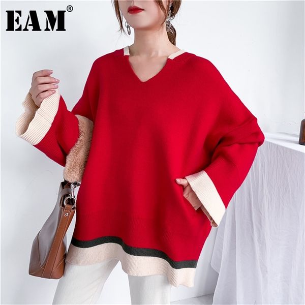 

[eam] red big size knitting sweater loose fit v-neck long sleeve women pullovers new fashion tide autumn winter 2021 1y185 201223, White;black