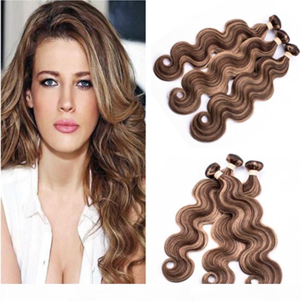 

#4 27 brown mix to honey blonde piano color human hair bundles body wave piano color peruvian human hair extensions double wefts 10-30, Black;brown