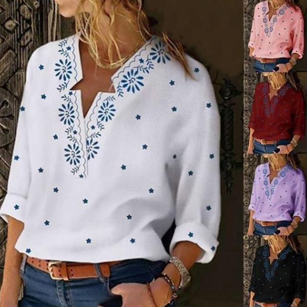 

women blouses 2020 casual plus size bohemian 3/4 sleeve shirts linen cotton v-neck print blouse femininas clothes fashion, White