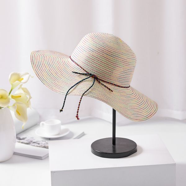 

flyber summer bow straw hat ladies visor color ribbon straw hat beach wide along the sunscreen uv protection cap beach cap, Blue;gray