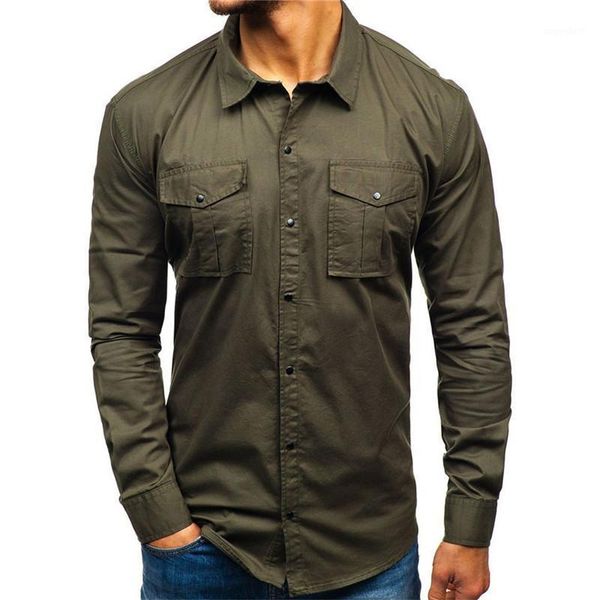 

2020 new mens cargo shirts long sleeve casual man shirt cotton slim button solid color men multi pocket chemise homme1, White;black