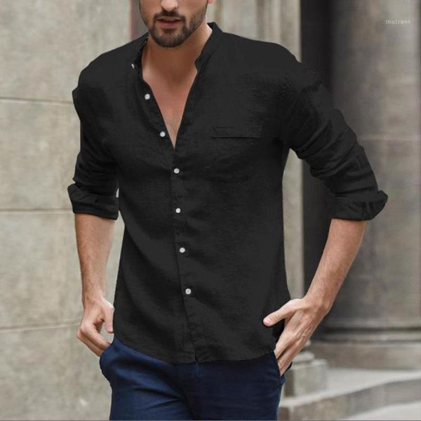 

men plus size buttons down loose solid color stand collar casual holiday party office work long sleeve shirts1, White;black