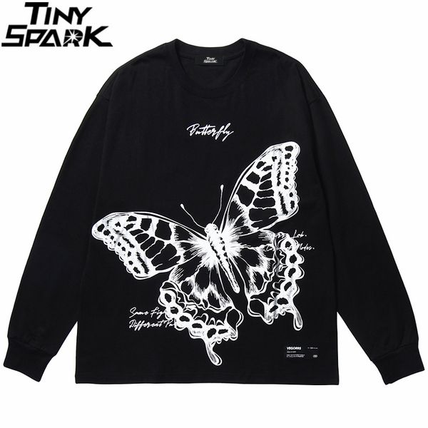 

men hip hop t shirt long sleeve harajuku streetwear hiphop loose tshirt butterfly print tees cotton t-shirts oversize, White;black