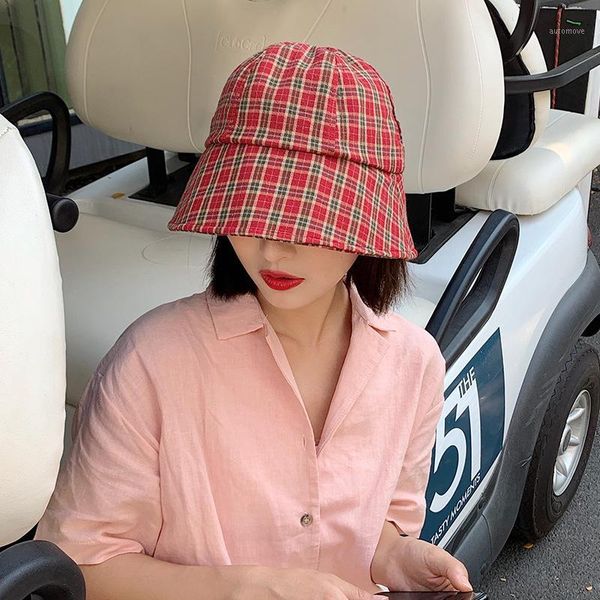 

korean tartan fisherman's hat summer foldable bucket hat hip hop wide brim beach uv protection round sunscreen caps1, Blue;gray