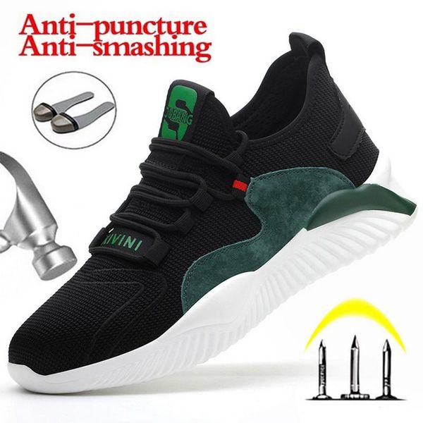 

work safety shoes fashion sneakers ultra-light soft bottom light breathable anti-smashing steel toe safety shoes men work boots, Black