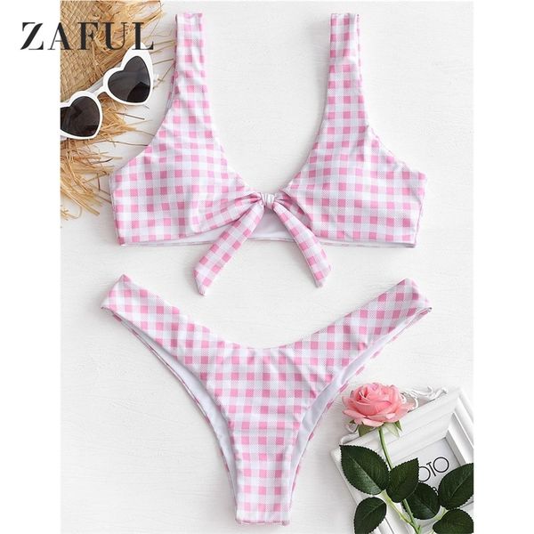 

zaful tie front plaid thong bikini set knotted women swimsuit high cut swimwear brazilian biuqni plunging neck bathing suit t200508, White;black