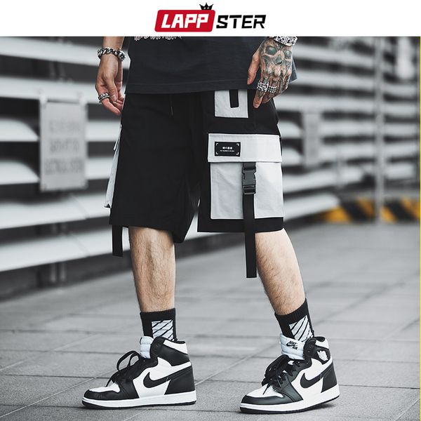 

lappster men streetwear color block cargo shorts 2020 summer hip hop shorts men joggers polyester sweatshorts belt khaki shorts 1027, White;black