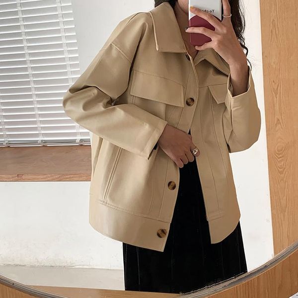 

vintage leather coat 2021 spring women cool streetwear solid button loose korean style apricot black pu jackets, Black;brown