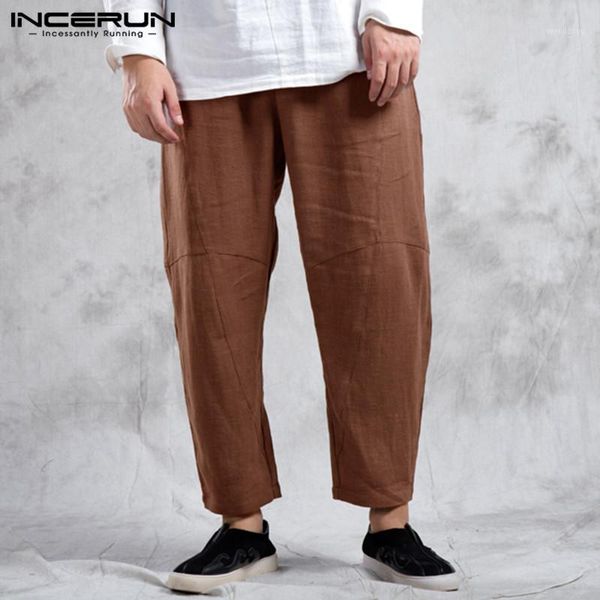 

incerun chinese style men pants joggers solid color cotton streetwear elastic waist trousers men vintage casual loose pantalon1, Black