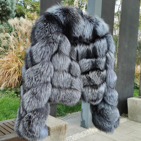 

oftbuy 2020 new fashion real fur coat winter jacket women silver natural fox fur outerwear thick warm flare sleeve luxury brand, Black