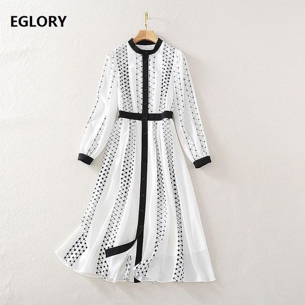 

2021 spring summer fashion long shirt dress women geometric print long sleeve mid-calf length casual button dress, Black;gray